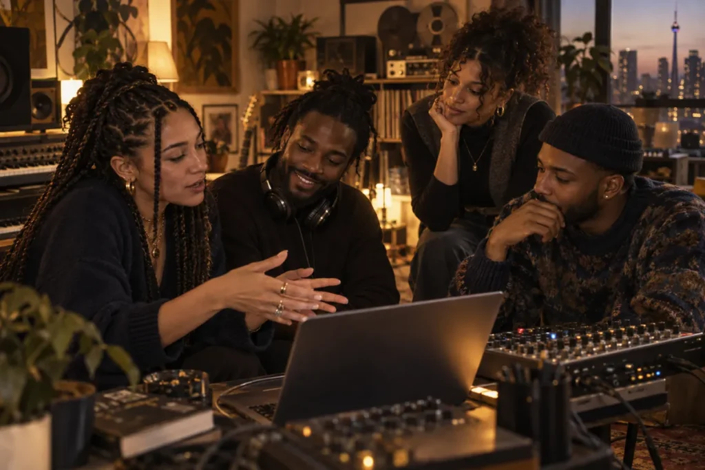 Concept artwork of four people collaborating around a laptop in a warm studio