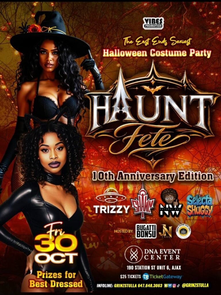 Haunt Fete 10th anniversary Halloween costume party flyer with performers, October 30 at DNA Event Center in Ajax and TicketGateway ticket details.